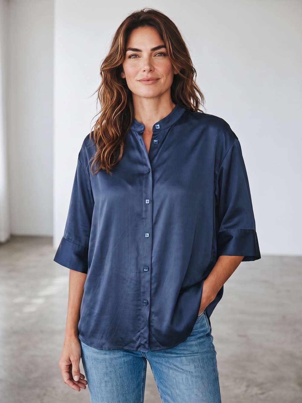 NWT New Elie Tahari Navy Satin Mandarin Collar Button Front Blouse Size XL